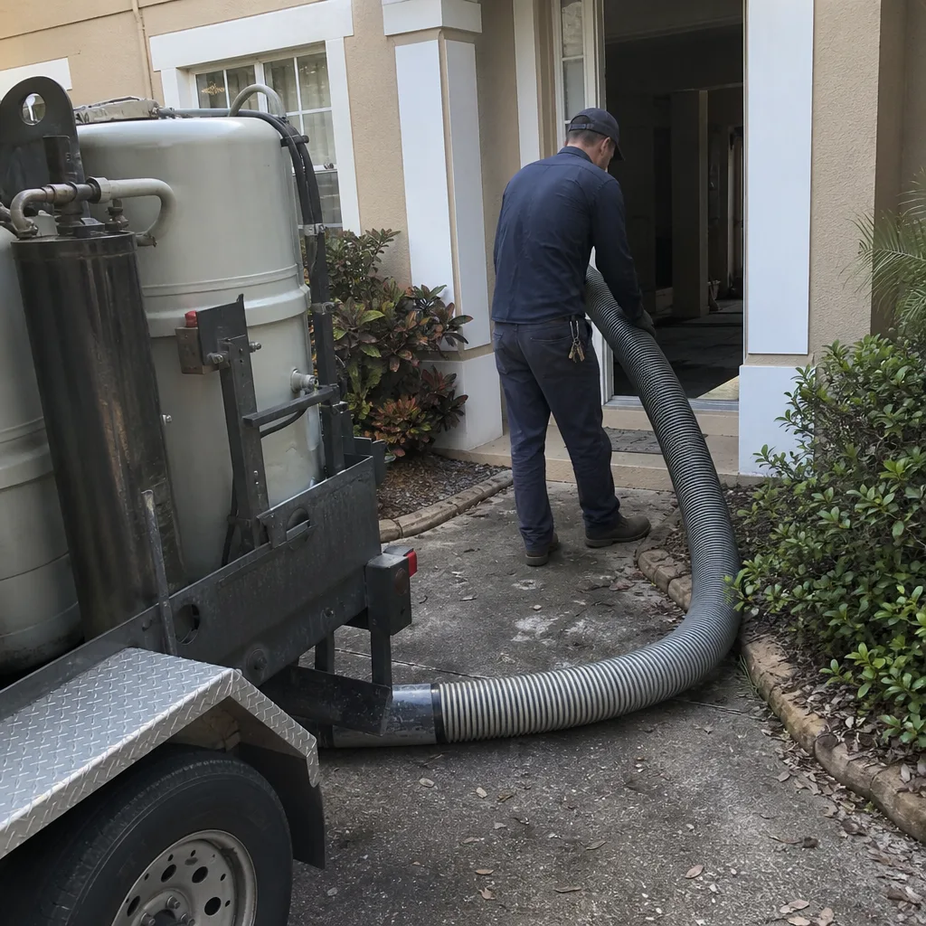 Professional air duct cleaning technician operating heavy-duty vacuum equipment.