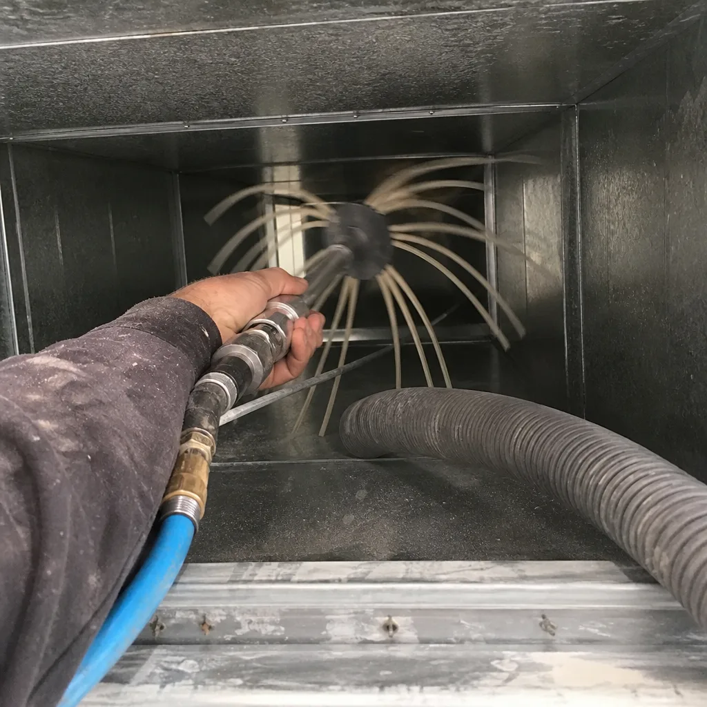 Technician using a rotating brush tool for professional air duct cleaning.