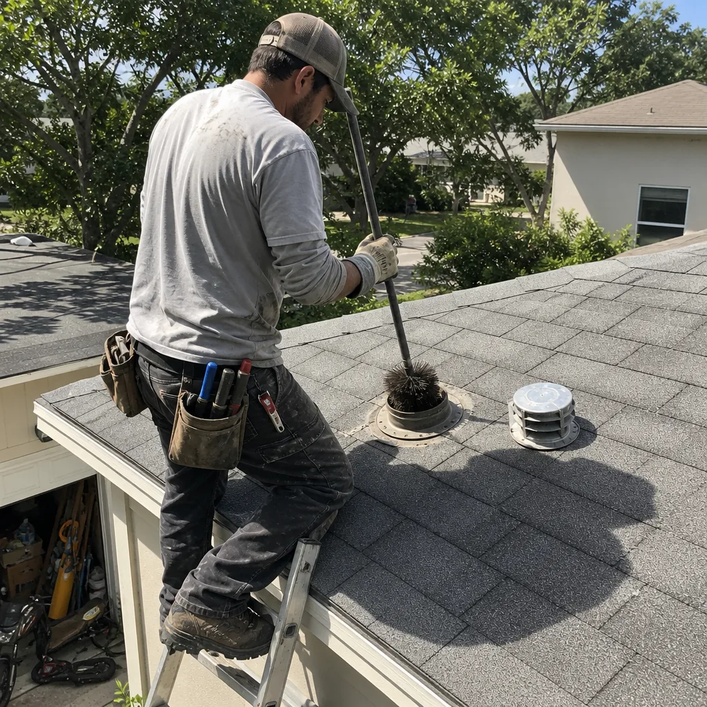 Technician performing professional dryer vent cleaning on a residential roof. in Orlando, FL