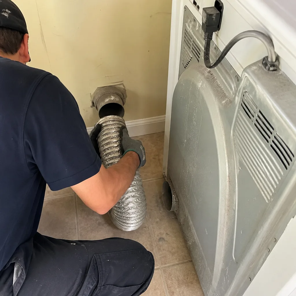 Technician connecting a metal dryer vent hose for professional duct cleaning